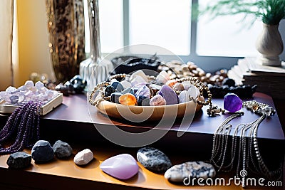 Crystals for protection: powerful crystal jewellery necklaces. Crystal mindfulness technique therapy. Many Healing Chakra Crystals Stock Photo