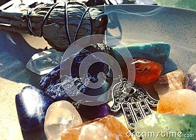 Cleansing Crystals with Sage Stock Photo