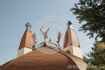 Archangels and crosses on Makovecz church Miercurea Ciuc Stock Photo
