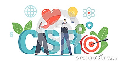 Csr, Corporate Responsibility, Social Citizenship Business Concept. Tiny Businessman and Businesswoman Holding Red Heart Vector Illustration