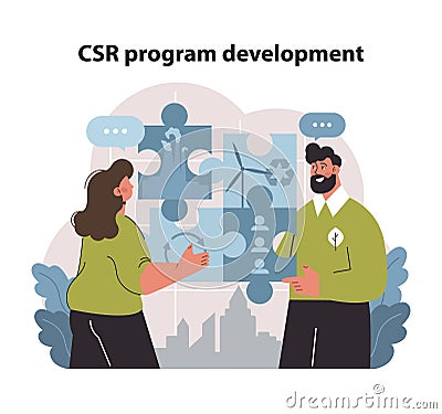 CSR strategy assembly visual. Collaborative shaping of corporate ethics. Cartoon Illustration