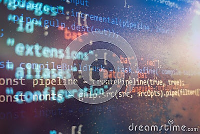 CSS, JavaScript and HTML usage. Monitor closeup of function source code. Abstract IT technology background. Software source code Stock Photo