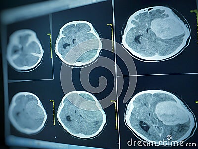 CT Brain impression a seven cm. extra-axial mass with stong enhancement and mass effect to left cerebral hemisphere. Stock Photo