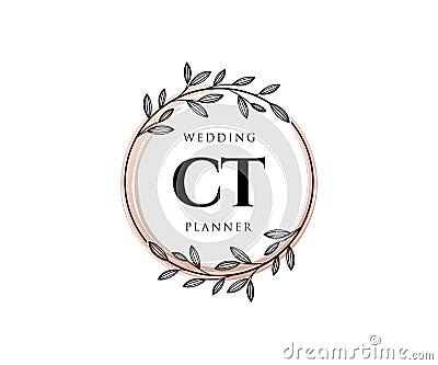 CT Initials letter Wedding monogram logos collection, hand drawn modern minimalistic and floral templates for Invitation cards, Vector Illustration