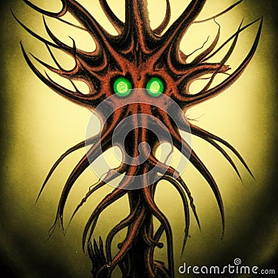 A Cthulhu inspired neuron tree branching, two green eyes Cartoon Illustration