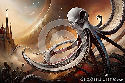 Cthulhu lookalike tentacled creature cosmic horror Cartoon Illustration