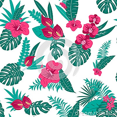 Ctor seamless tropical pattern, vivid tropic foliage, with leaves, flowers. Modern bright summer print design Stock Photo