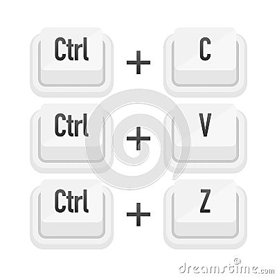 Ctrl plus C, Ctrl plus V and Ctrl plus Z white 3D button on white background. Computers particles keyboards. Vector Vector Illustration