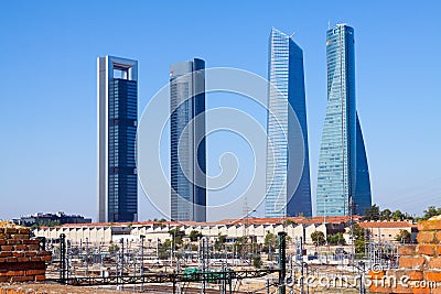 Cuatro Torres Business Area from railroad. Madrid Editorial Stock Photo