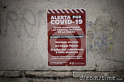 Cuauhtemoc Mexico City Mexico - January 8 2021: Posters line the streets of Mexico City alerting citizens of Covid-19 Editorial Stock Photo