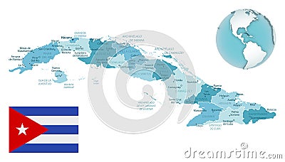 Cuba administrative blue-green map with country flag and location on a globe Cartoon Illustration