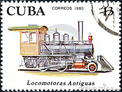 Stamp printed by Cuba, shows series dedicated to old locomotives Editorial Stock Photo