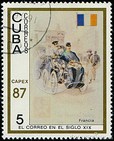 CUBA - CIRCA 1987: postage stamp 5 Cuban centavos printed by Republic of Cuba, shows Auto post, France Editorial Stock Photo