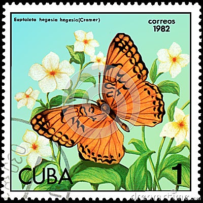 CUBA - CIRCA 1982: Postage stamp printed by Cuba shows butterfly Euptoieta hegesia Editorial Stock Photo