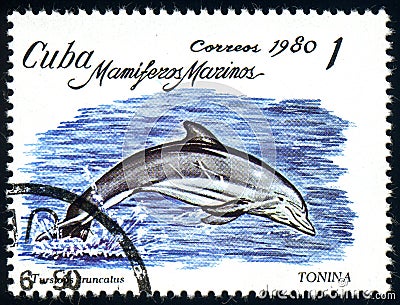 CUBA - CIRCA 1980: stamp 1 Cuban centavo printed by Cuba, shows Common Bottlenose Dolphin Tursiops truncatus, circa 1980 Editorial Stock Photo