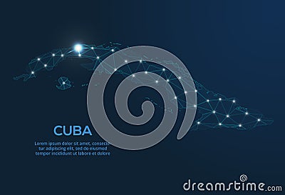 Cuba communication network map. Vector low poly image of a global map with lights in the form of cities. Map in the form of a Vector Illustration