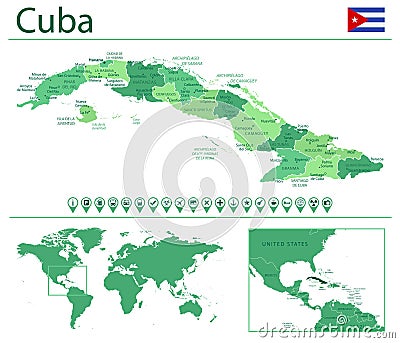 Cuba detailed map and flag. Cuba on world map Vector Illustration