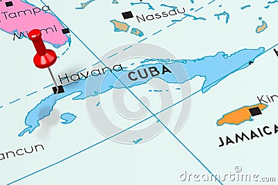Cuba, Havana - capital city, pinned on political map Cartoon Illustration