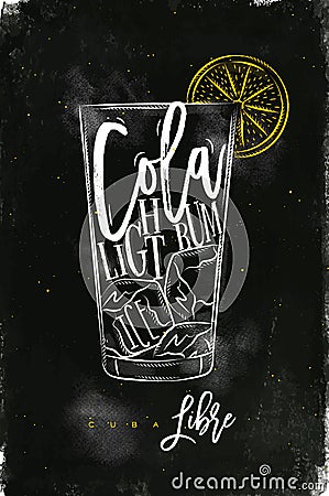 Cuba libre cocktail chalk color Vector Illustration