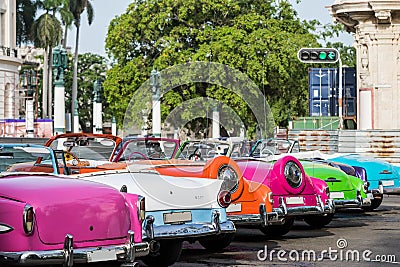 Cuba many american colourful vintage cars parked in the city from Havana Stock Photo