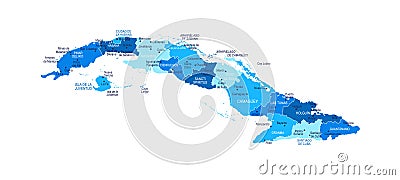 Cuba map. Cities, regions. Vector Cartoon Illustration