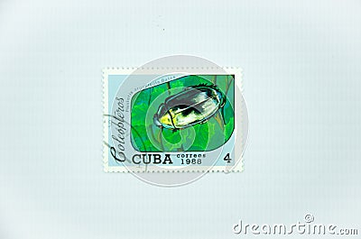 1988 Cuba, postage stamp scarab beetle, stamp collection Editorial Stock Photo