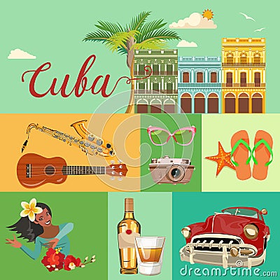 Cuba travel colorful banner concept. Cuban beach resort. Welcome to Cuba. Circle shape. Vector illustration with Cuban culture Vector Illustration