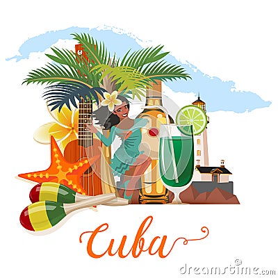 Cuba travel colorful banner concept with Cuban map. Cuban beach resort. Welcome to Cuba. Circle shape. Vector Illustration