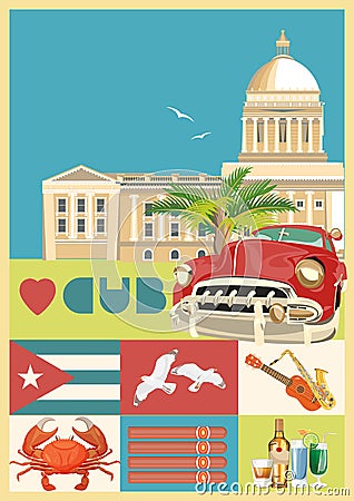 Cuba travel colorful card concept with Cuban flag. Vintage style. Vector illustration with Cuban culture Vector Illustration