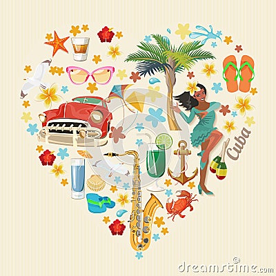 Cuba travel colorful card concept. Heart shape. Vintage style. Vector illustration with Cuban culture Vector Illustration