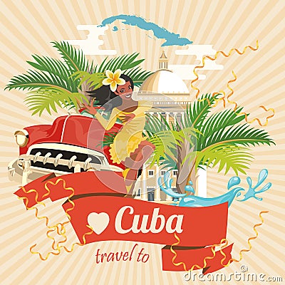 Cuba travel colorful card concept. Travel poster with retro car and Salsa dancer. Vector illustration with Cuban culture Vector Illustration