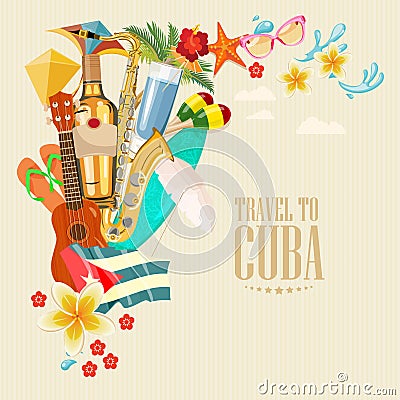 Cuba travel colorful card concept. Travel poster. Vector illustration with Cuban culture Vector Illustration