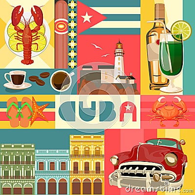 Cuba travel colorful set concept with Cuban flag. Cuban beach resort. Welcome to Cuba. Circle shape. Vector Illustration