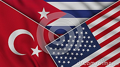 Cuba United States of America Turkey Flags Together Fabric Texture Illustration Stock Photo