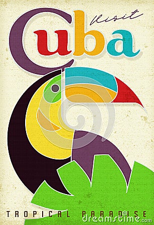 Cuba Travel Poster Grunge Parrot Vintage Stock Photo