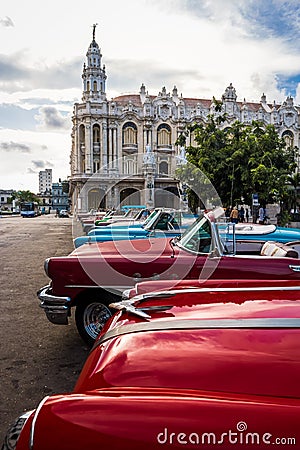 Cuban colorful vintage cars in front of the Gran Teatro - Havana, Cuba Editorial Stock Photo