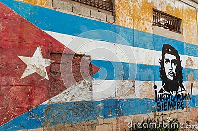 Cuban flag Wall painting and Che Guevara Editorial Stock Photo