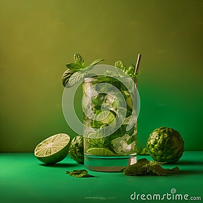 The cuban mojito liquor with lime and mint leaves Stock Photo