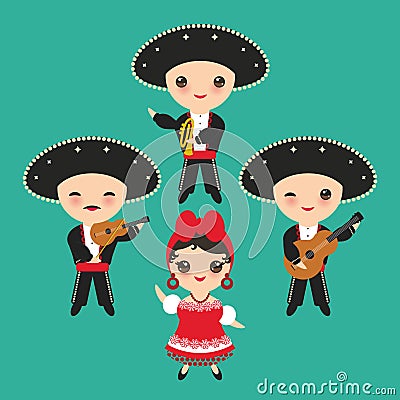 Cubans boy and girl in national costume and hat. Cartoon children in traditional Cuba dress, Mariachi group Musical instruments gu Vector Illustration