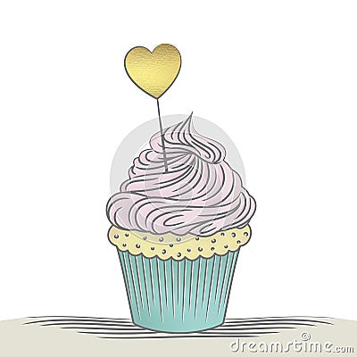 Cupcake with golden heart in pastel Stock Photo