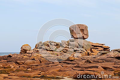 The Cube - bizarre rock formation on Pink Granite Coast in Brittany, France Stock Photo
