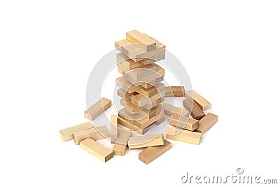 Wooden toy for building a tower with small blocks. Stock Photo