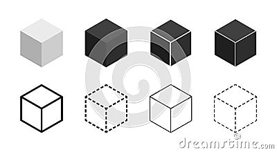 Cube 3d. Cubic icons. Set of isometric black, gray and outline cubes. Cubics in line style. Box symbols. Block design logos. Vector Illustration