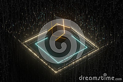 The cube floats above the glowing cubes, 3d rendering Cartoon Illustration