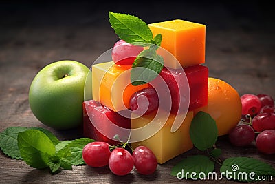 cube of fruits at the table idea product photography, colors, studio lighting AI Generated Stock Photo