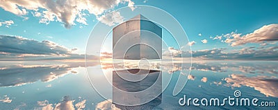 Cube gently floating above a reflective surface, creating a symmetrical illusion Stock Photo
