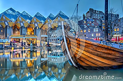 Cube houses and historic barge Editorial Stock Photo