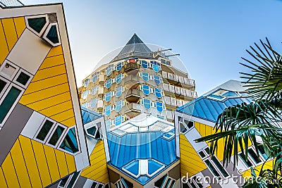 Cube houses Kubuswoningen and Blaaktoren Het Potlood architecture, both designed by architect Piet Blom Editorial Stock Photo