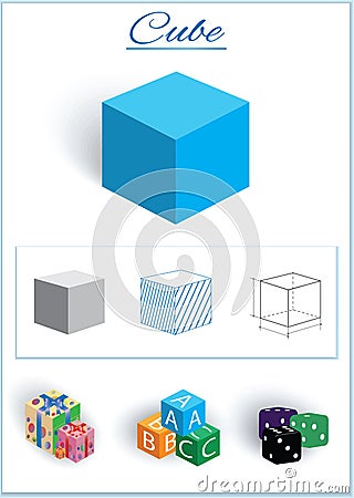 Cube. Image of volumetric geometrical figure with examples of such objects form Vector Illustration