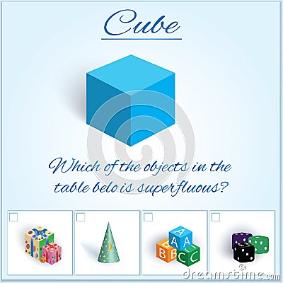 Cube. Image of volumetric geometrical figure with examples of such objects form Vector Illustration